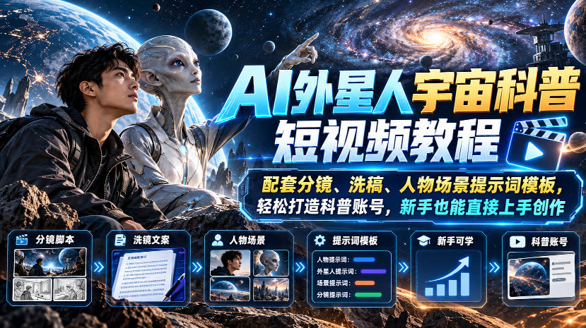 AI外星人宇宙科普短视频教程，配套分镜、洗稿、人物场景提示词模板，轻松打造科普账号，新手也能直接上手创作-优优云网创
