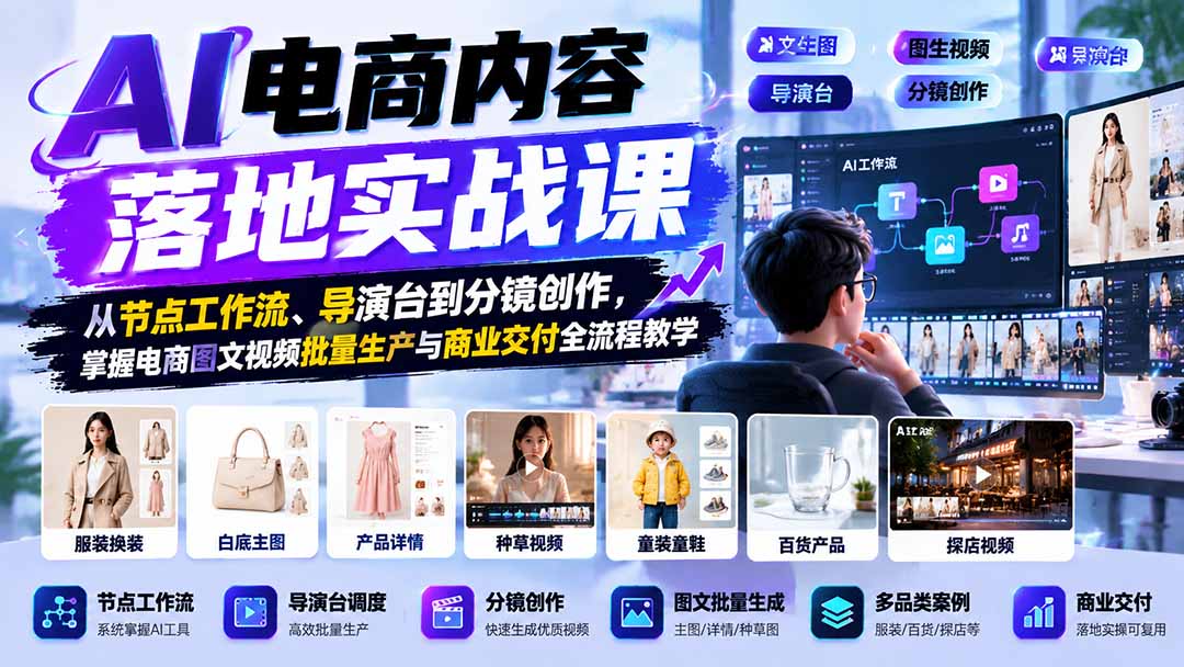 AI电商内容落地实战课：从节点工作流、导演台到分镜创作，掌握电商图文视频批量生产与商业交付全流程教学-优优云网创