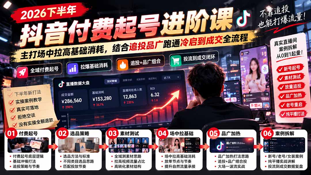 2026下半年抖音付费起号进阶课-更新1019:主打场中拉高基础消耗,结合追投品广跑通冷启到成交全流程-优优云网创