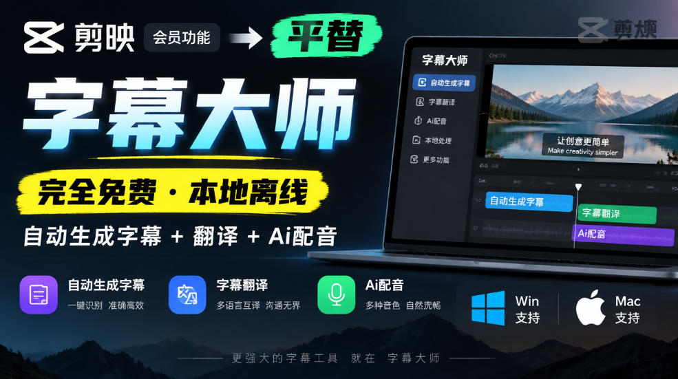 剪映会员功能平替,字幕大师完全免费本地离线,支持自动生成字幕+翻译+Ai配音,Win和Mac都支持!-优优云网创