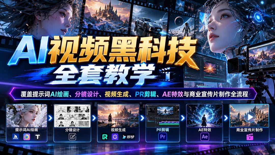 AI视频黑科技全套教学:覆盖提示词AI绘画、分镜设计、视频生成、PR剪辑、AE特效与商业宣传片制作全流程-优优云网创