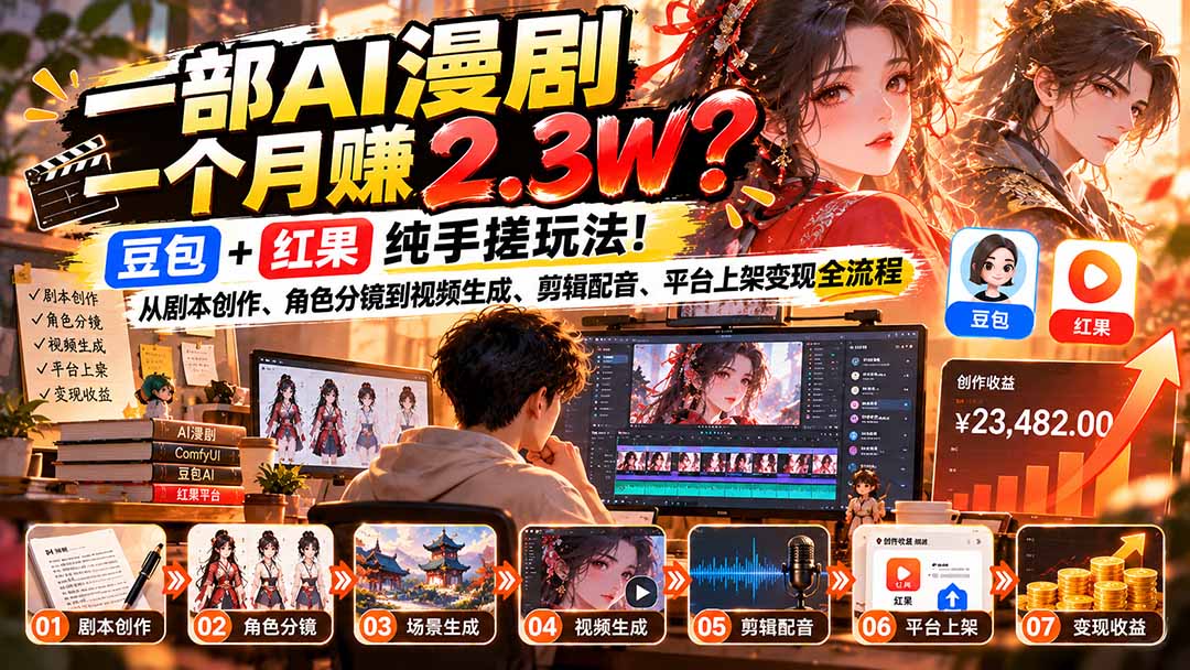 一部AI漫剧一个月赚2.3W?豆包+红果纯手搓玩法!从剧本创作、角色分镜到视频生成、剪辑配音、平台上架变现全流程-优优云网创
