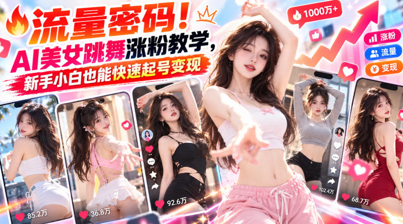 流量密码！AI美女跳舞涨粉教学，新手小白也能快速起号变现-优优云网创