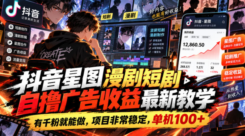 抖音星图漫剧短剧自撸广告收益最新教学,有千粉就能做,项目非常稳定,单机100+-优优云网创