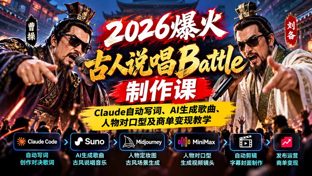 2026爆火古人说唱Battle制作课:Claude自动写词、AI生成歌曲、人物对口型及商单变现教学-优优云网创