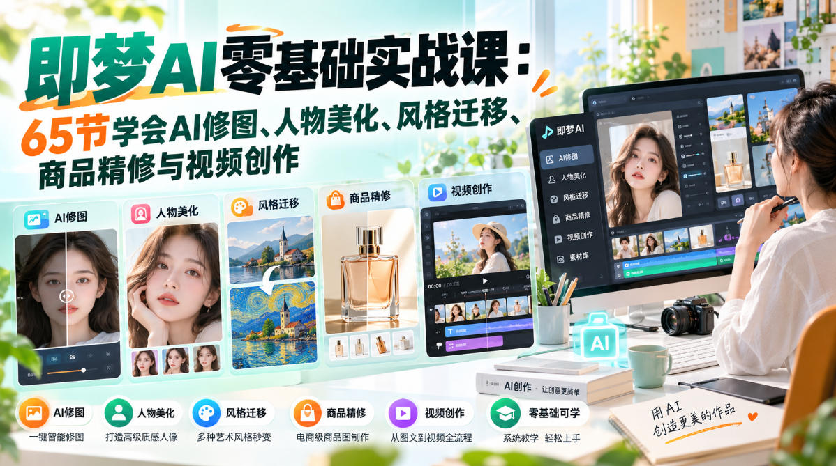 即梦AI零基础实战课：65节学会AI修图、人物美化、风格迁移、商品精修与视频创作-优优云网创