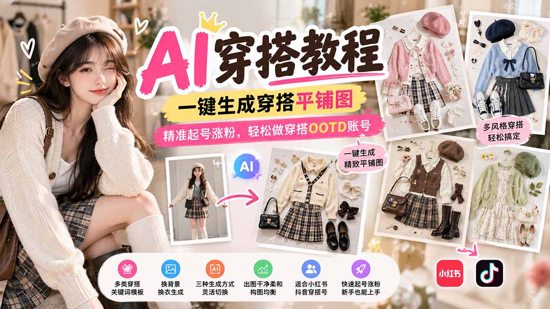 【无水印】AI穿搭教程｜一键生成穿搭平铺图，精准起号涨粉，轻松做穿搭OOTD账号-优优云网创
