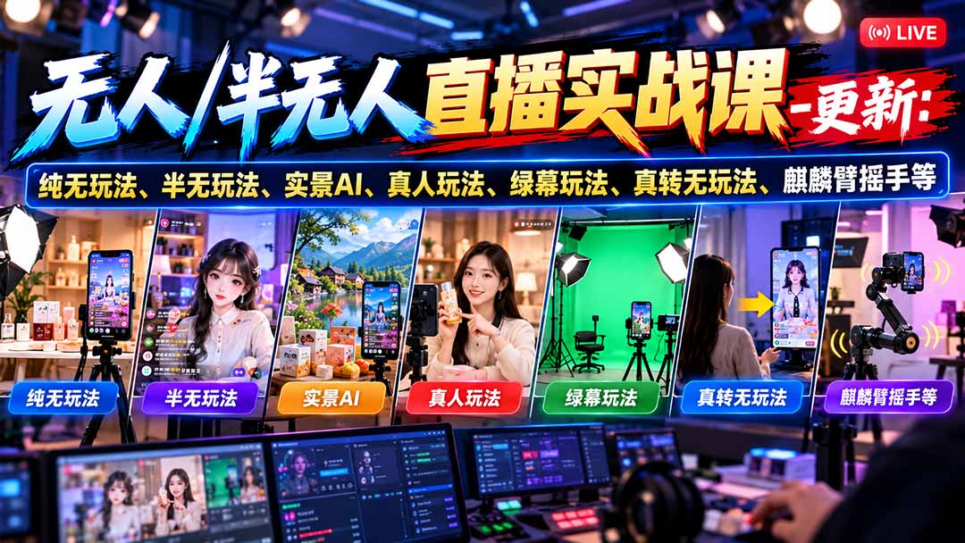 无人/半无人直播实战课-10月20更新:纯无玩法、半无玩法、实景AI、真人玩法、绿幕玩法、真转无玩法、麒麟臂摇手等-优优云网创