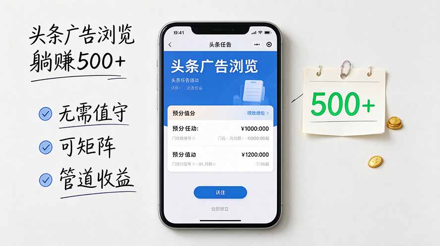 头条广告浏览躺赚500+无需值守,可矩阵并附有管道收益-优优云网创
