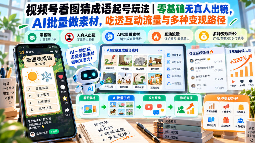 视频号看图猜成语起号玩法|零基础无真人出镜,AI批量做素材,吃透互动流量与多种变现路径-优优云网创