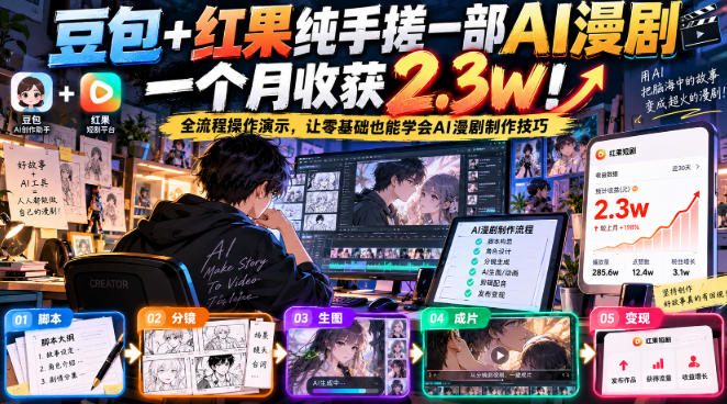 豆包+红果纯手搓一部AI漫剧一个月收获2.3w!全流程操作演示,让零基础也能学会AI漫剧制作技巧-优优云网创