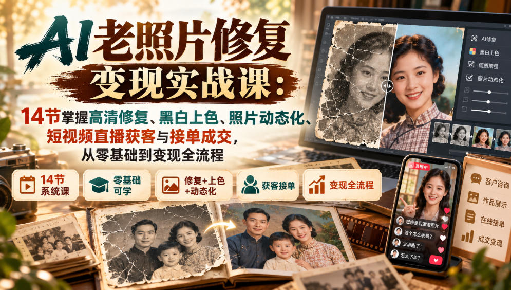 AI老照片修复变现实战课：14节掌握高清修复、黑白上色、照片动态化、短视频直播获客与接单成交，从零基础到变现全流程-优优云网创