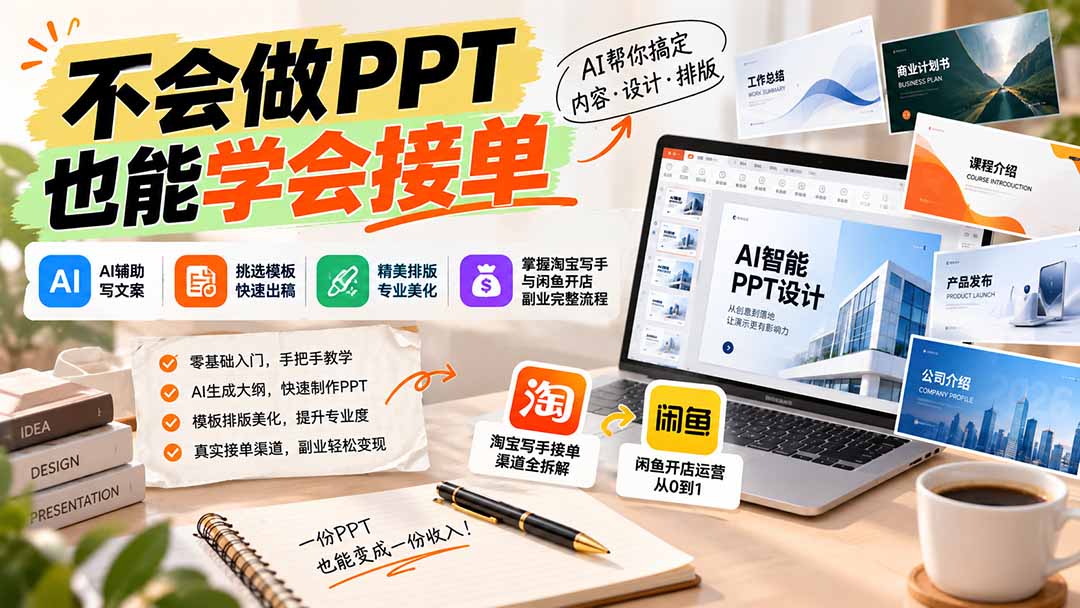 不会做PPT也能学会接单:AI辅助写文案、挑模板、做排版,掌握淘宝写手与闲鱼开店副业完整流程-优优云网创