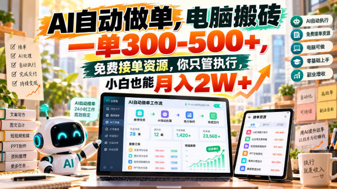 AI自动做单，电脑搬砖一单300-500+，免费接单资源，你只管执行，小白也能月入2W+【揭秘】-优优云网创