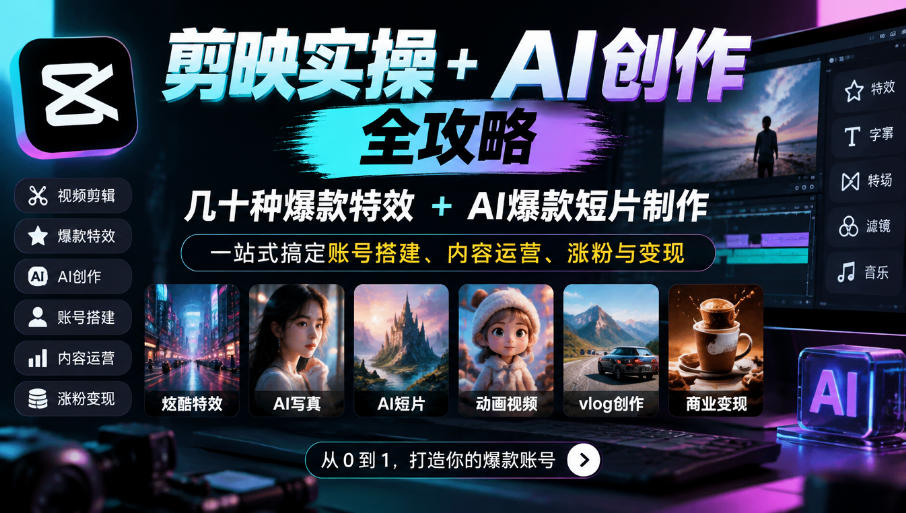 剪映实操+AI创作全攻略|几十种爆款特效+AI爆款短片制作,一站式搞定账号搭建、内容运营、涨粉与变现-优优云网创