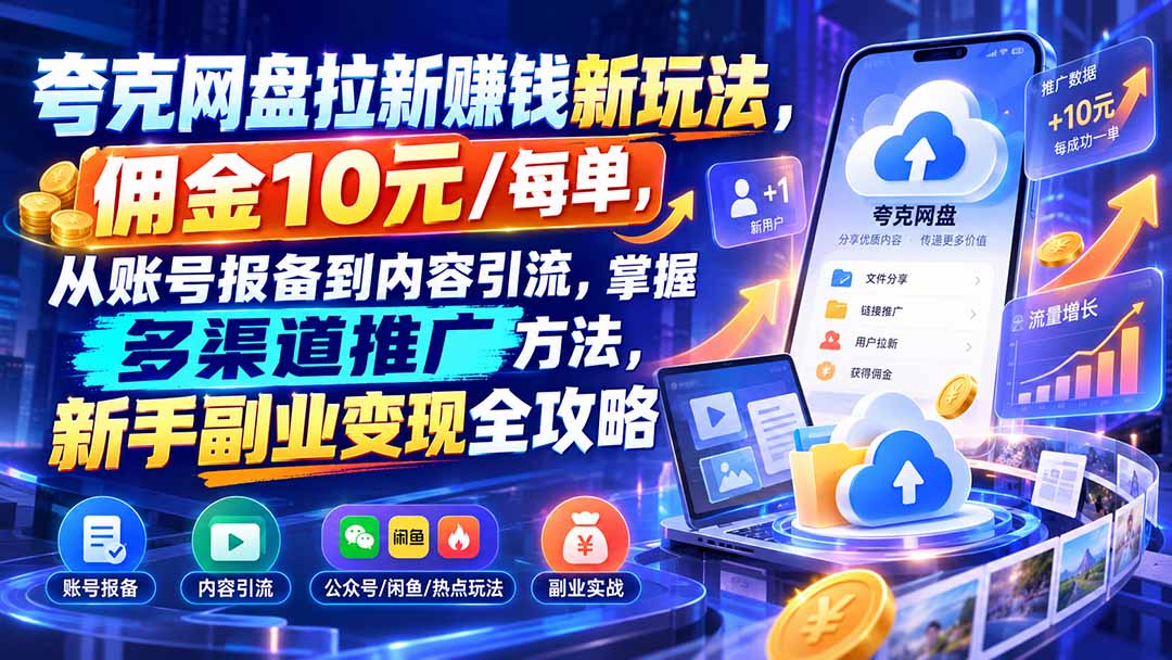 夸克网盘拉新赚钱新玩法，佣金10元/每单，从账号报备到内容引流，掌握多渠道推广方法，新手副业变现全攻略-优优云网创