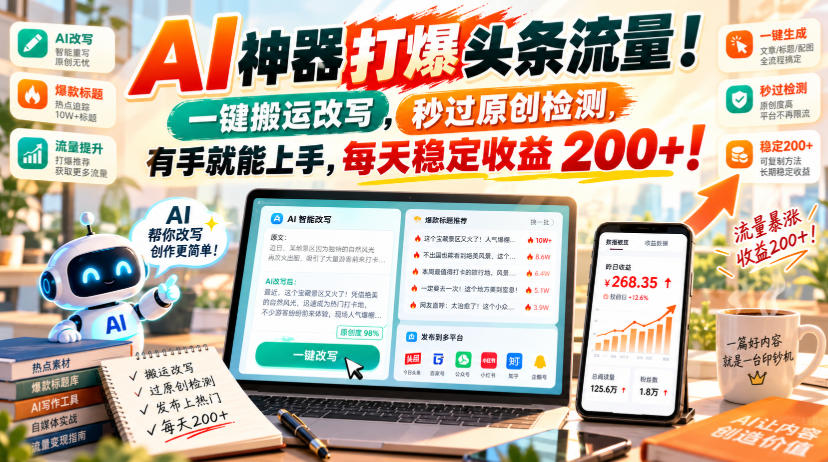 AI神器打爆头条流量，一键搬运改写，秒过原创检测，有手就能上手，每天稳定收益200+！【揭秘】-优优云网创