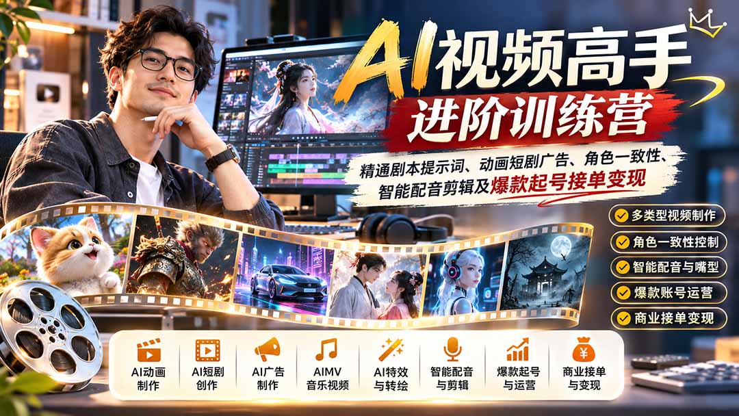 AI视频高手进阶训练营：精通剧本提示词、动画短剧广告、角色一致性、智能配音剪辑及爆款起号接单变现-优优云网创