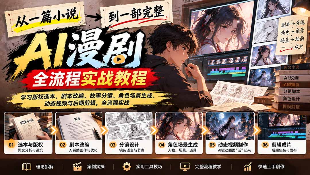 从一篇小说到一部完整AI漫剧：学习版权选本、剧本改编、故事分镜、角色场景生成、动态视频与后期剪辑-优优云网创