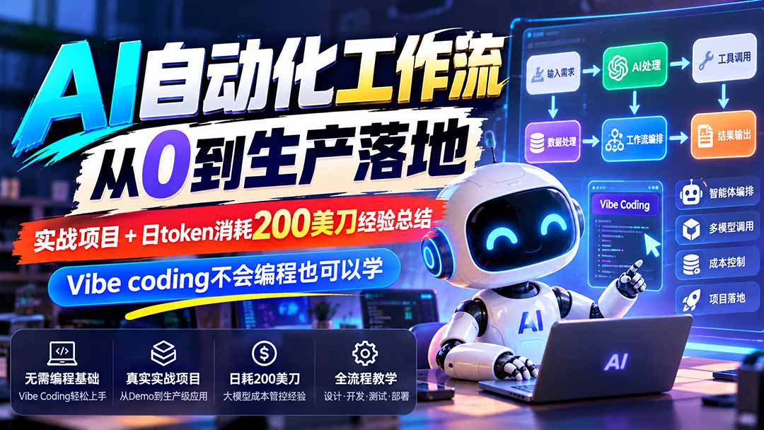 【无水印】AI自动化工作流从0到生产落地,实战项目+日token消耗200美刀经验总结,Vibe coding不会编程也可以学-优优云网创