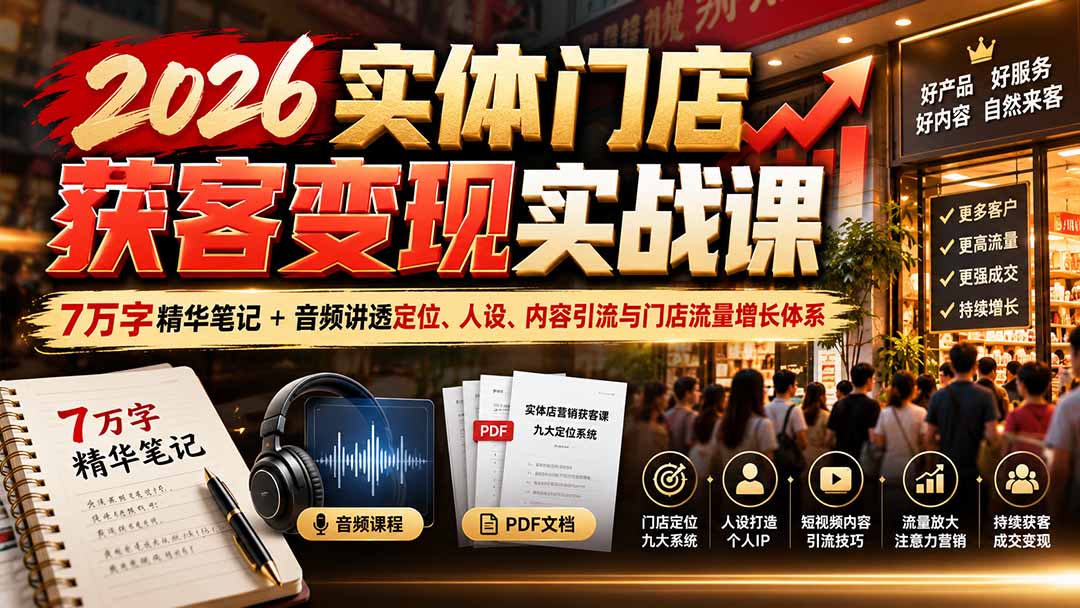 2026实体门店获客变现实战课:7万字精华笔记+音频讲透定位、人设、内容引流与门店流量增长体系-优优云网创