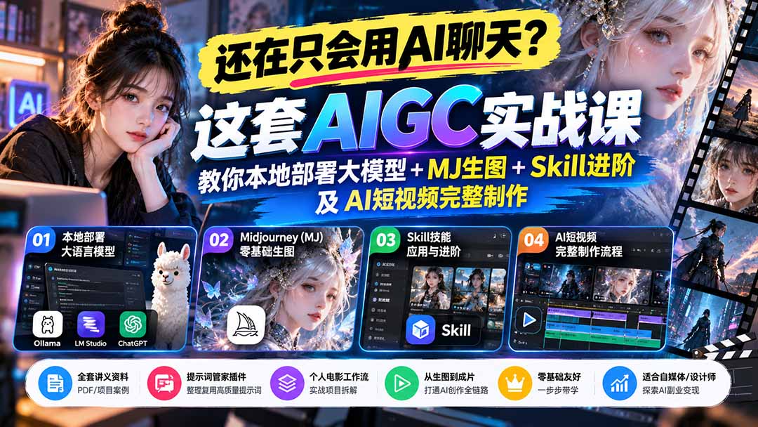 【无水印】还在只会用AI聊天？这套AIGC实战课教你本地部署大模型+MJ生图+Skill进阶及AI短视频完整制作-优优云网创