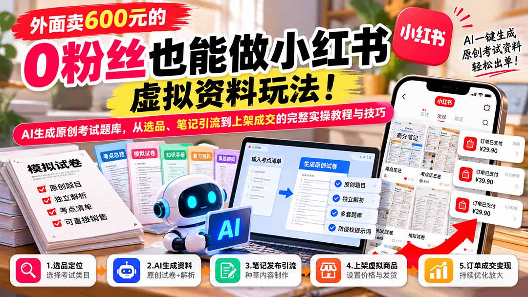 外面卖600元的 零粉丝也能做小红书虚拟资料玩法！AI生成原创考试题库，从选品、笔记引流到上架成交的完整实操教程-优优云网创