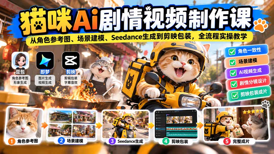 猫咪AI剧情视频制作课:从角色参考图、场景建模、Seedance生成到剪映包装,全流程实操教学-优优云网创