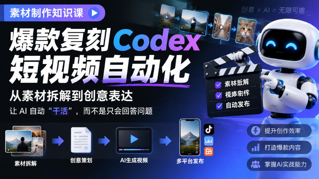 素材制作知识课，爆款复刻Codex短视频自动化，从素材拆解到创意表达，让AI自动“干活”，而不是只会回答问题-优优云网创