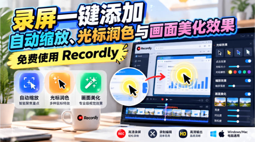 录屏一键添加自动缩放、光标润色与画面美化效果,免费使用Recordly-优优云网创