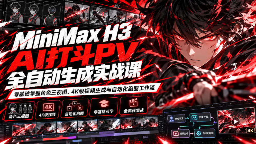 MiniMax H3 AI打斗PV全自动生成实战课：零基础掌握角色三视图、4K级视频生成与自动化跑图工作流-优优云网创
