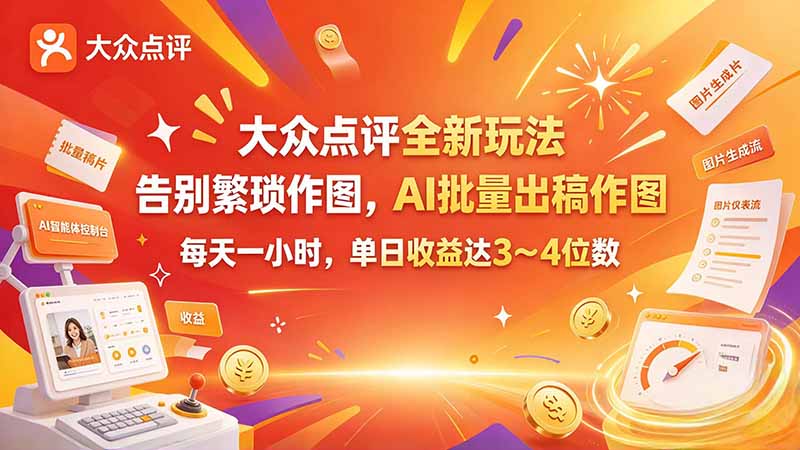 大众点评全新玩法，不用繁琐作图，AI 批量出稿作图，每天一小时，单日收益达 3～4 位数-优优云网创