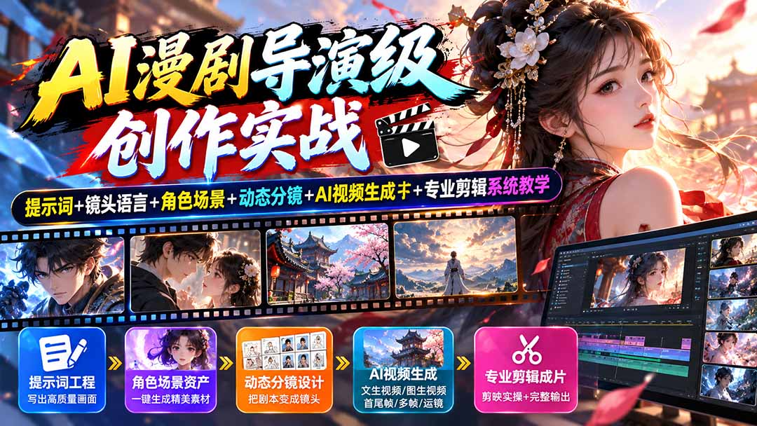 AI漫剧导演级创作实战:提示词+镜头语言+角色场景+动态分镜+AI视频生成+专业剪辑系统教学-优优云网创