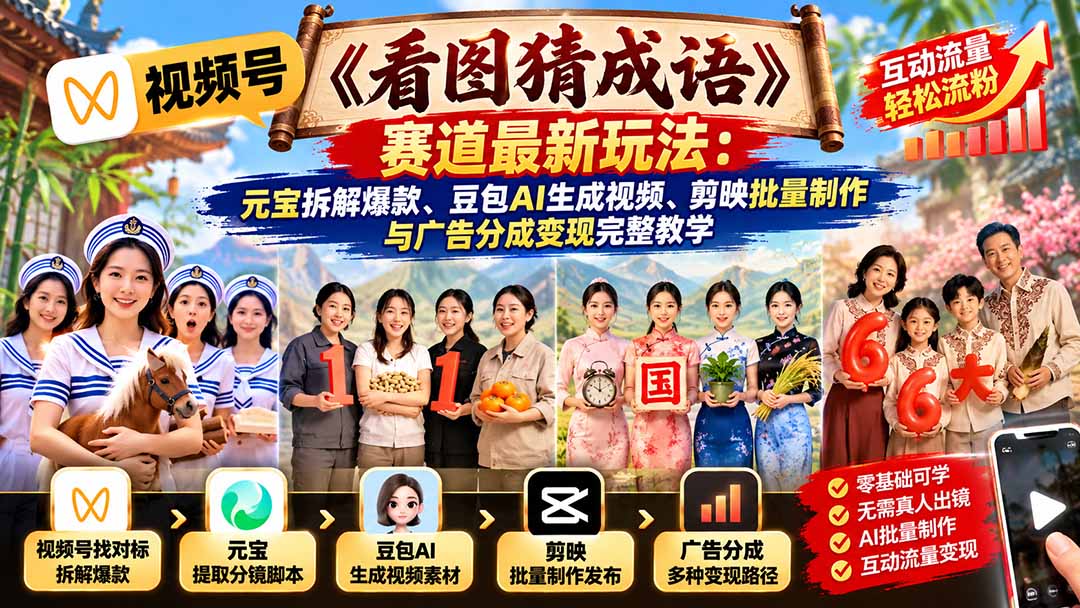 视频号《看图猜成语》赛道最新玩法:元宝拆解爆款、豆包AI生成视频、剪映批量制作与广告分成变现完整教学-优优云网创