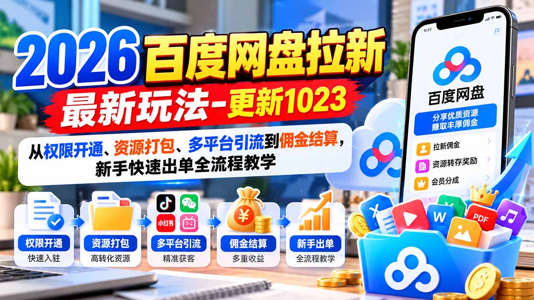 2026百度网盘拉新最新玩法-更新1023：从权限开通、资源打包、多平台引流到佣金结算，新手快速出单全流程教学-优优云网创