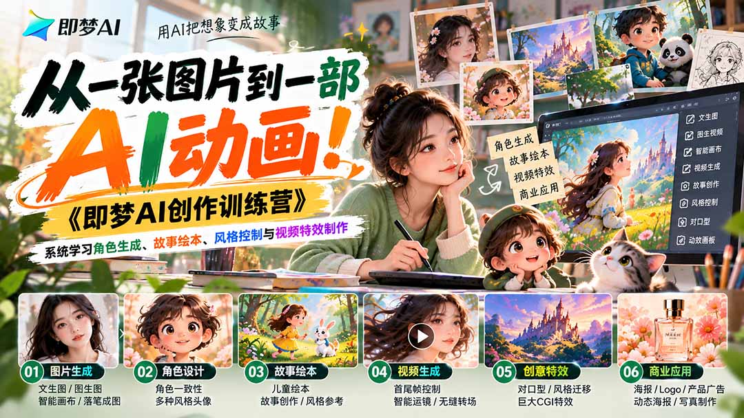 【无水印】从一张图片到一部AI动画！《即梦AI创作训练营》系统学习角色生成、故事绘本、风格控制与视频特效制作-优优云网创