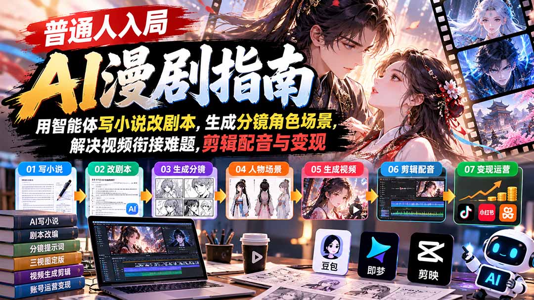【无水印】普通人入局AI漫剧指南:用智能体写小说改剧本,生成分镜角色场景,解决视频衔接难题,剪辑配音与变现-优优云网创