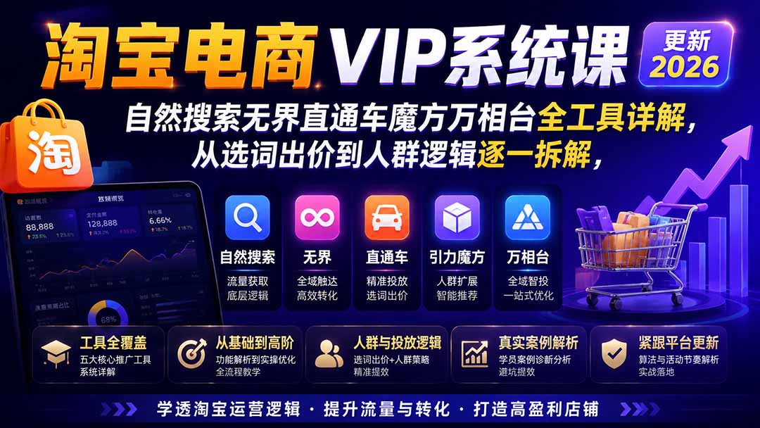 2026淘宝电商终局之战VIP课-更新1022：自然搜索+直通车+无界+精准人群，系统掌握测款动销与全店推广布局方法-优优云网创