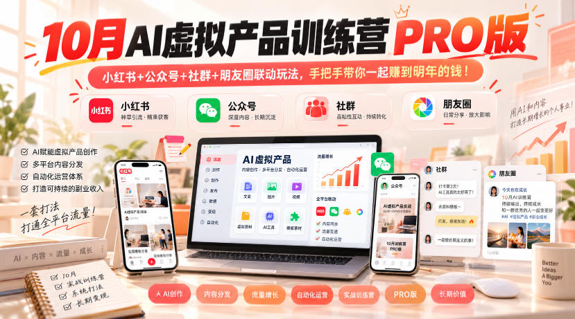 10月AI虚拟产品训练营PRO版，小红书+公众号+社群+朋友圈联动玩法，手把手带你一起赚到明年的钱！(更新1029)-优优云网创