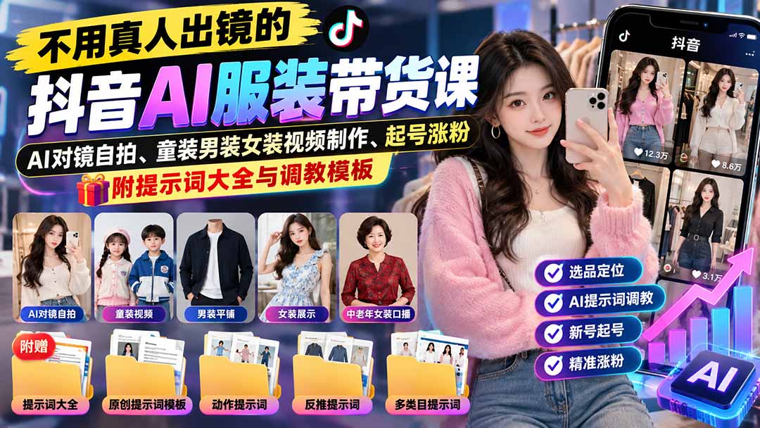 不用真人出镜的抖音AI服装带货课:AI对镜自拍、童装男装女装视频制作、起号涨粉,附提示词大全与调教模板-优优云网创