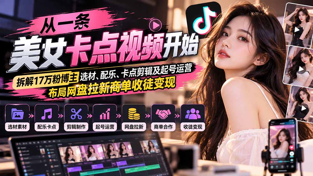 从一条美女卡点视频开始：拆解17万粉博主选材、配乐、卡点剪辑及起号运营，布局网盘拉新商单收徒变现-优优云网创
