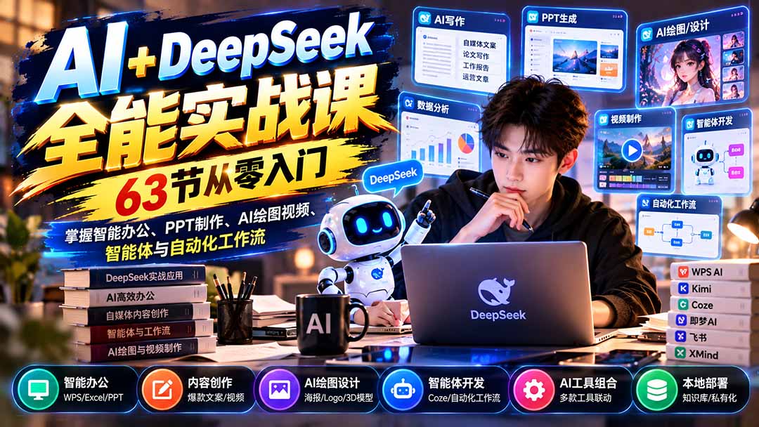 AI+DeepSeek全能实战课：63节从零入门，掌握智能办公、PPT制作、AI绘图视频、智能体与自动化工作流-优优云网创