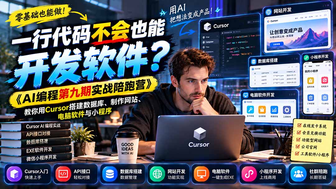 一行代码不会也能开发软件？《AI编程第九期实战陪跑营》教你用Cursor搭建数据库、制作网站、电脑软件与小程序-优优云网创