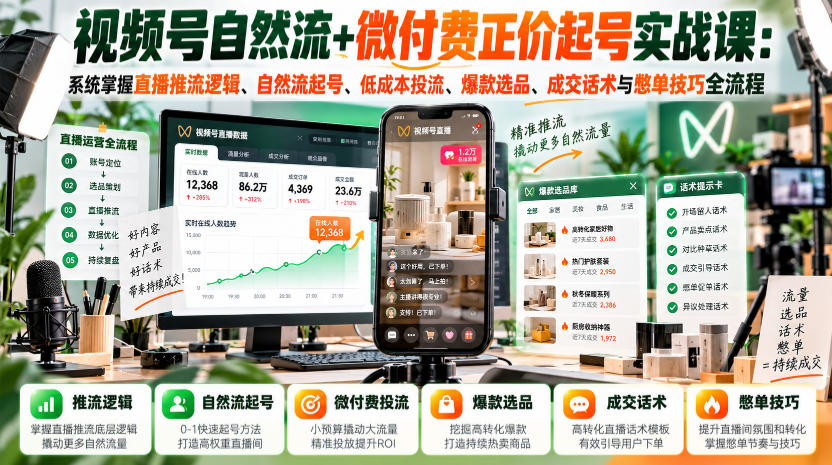 视频号自然流+微付费正价起号实战课:系统掌握直播推流逻辑、自然流起号、低成本投流、爆款选品、成交话术与憋单技巧全流程-优优云网创