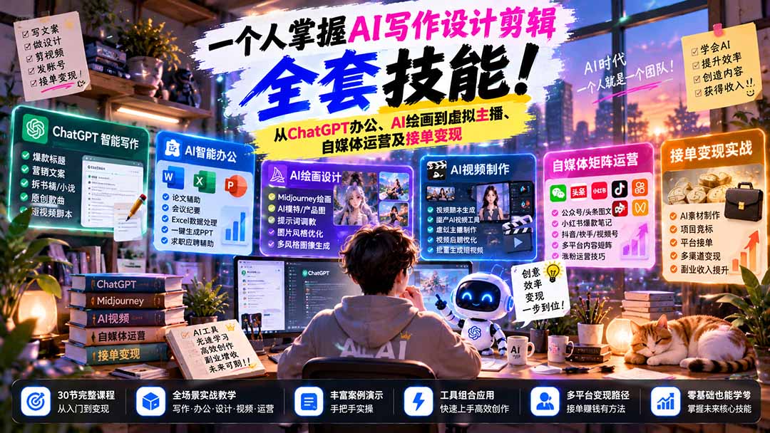一个人掌握AI写作设计剪辑全套技能:从ChatGPT办公、AI绘画到虚拟主播、自媒体运营及接单变现-优优云网创