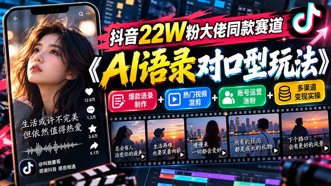 抖音22W粉大佬同款赛道《AI语录对口型玩法》：爆款语录制作+热门视频混剪+账号运营涨粉+多渠道变现实操-优优云网创