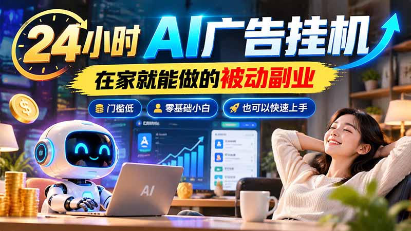 24小时AI广告挂机｜在家就能做的被动副业，门槛低，零基础小白也可以快速上手-优优云网创