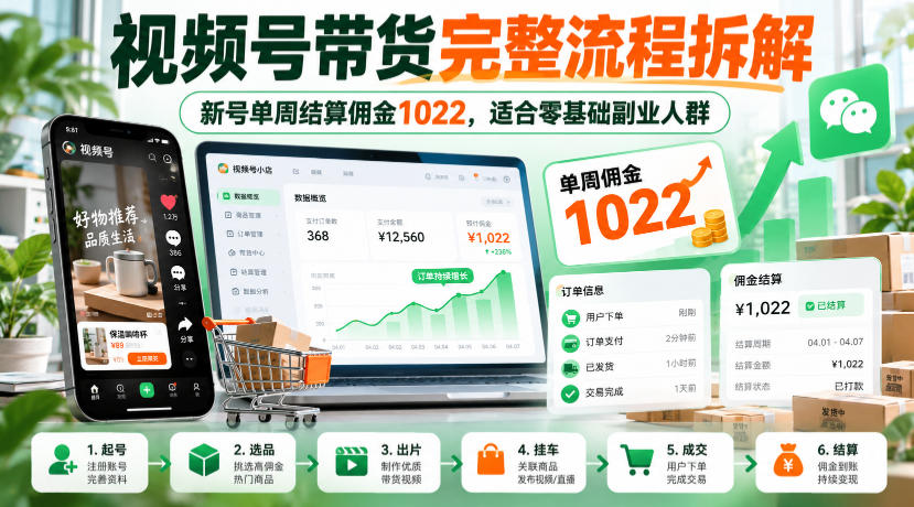视频号带货完整流程拆解,新号单周结算佣金1022,适合零基础副业人群-优优云网创